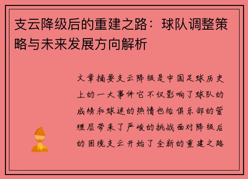 支云降级后的重建之路：球队调整策略与未来发展方向解析